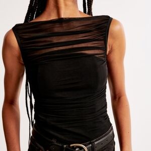 🆕 Abercrombie & Fitch Ruched Mesh Boatneek Bodysuit, Black, XS, NWT